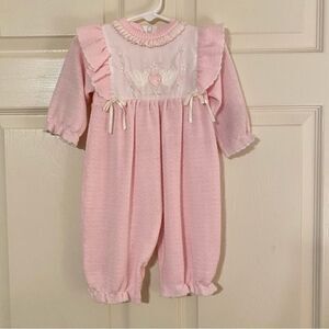 VINTAGE LACE ROMPER WITH FAUX PEARLS AND EMBROIDERED DOVES